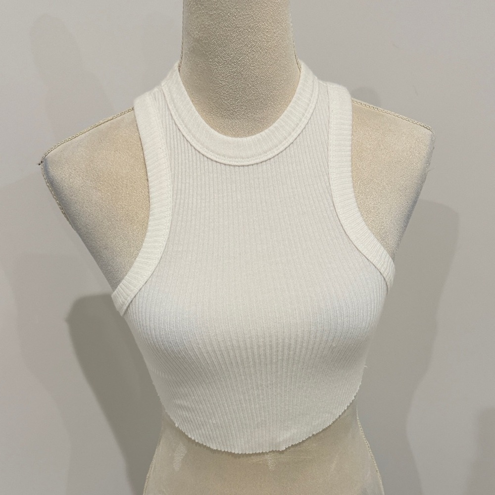 Cream Ribbed Sleeveless Crop Top